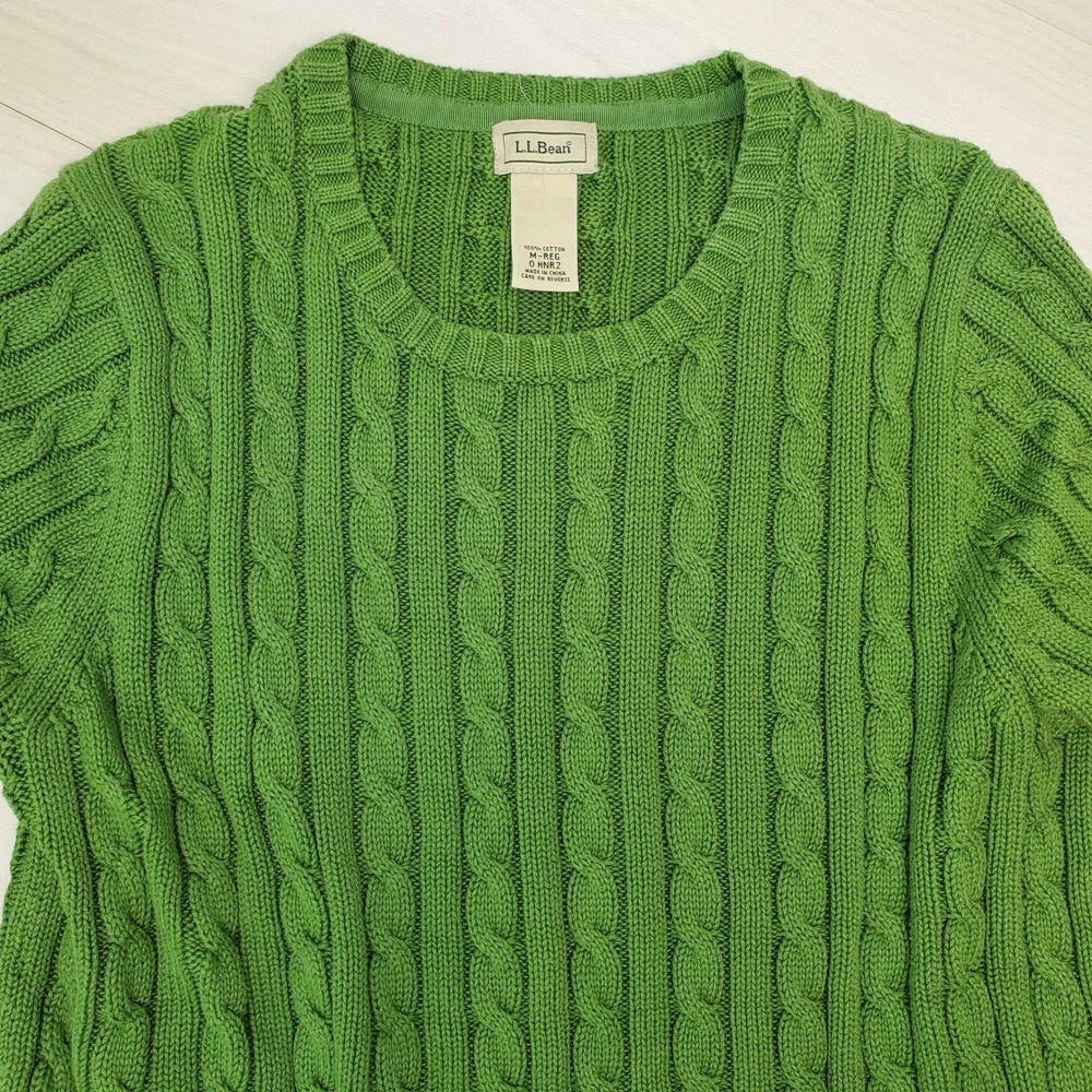 LL Bean Women Green Cable Knit Cotton Crewneck Sweater M Reg Grandmacore Coastal